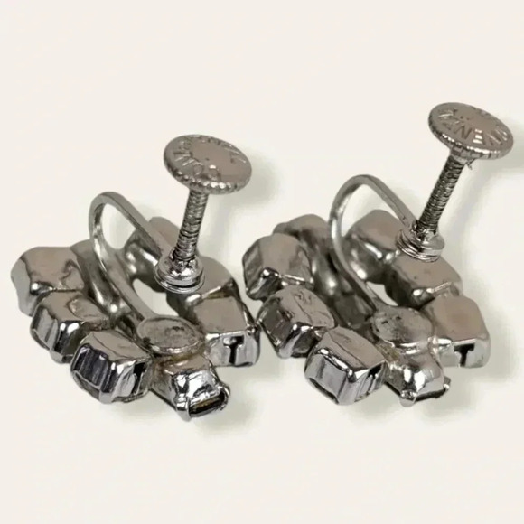 🍁Vintage Continental Clear & Smokey Rhinestone Earrings - Picture 5 of 7